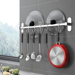 Stainless Steel Chrome Plated Hanging Rod Wall Mounted Storage Rack With <b>Hooks</b> For <b>Kitchen</b> Utensils And Lids - Product Image 2
