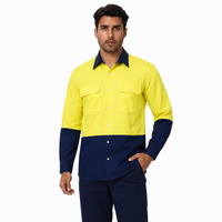 Kemeja Kerja Kancing Depan Dua Warna Kuning Navy Bahan Khusus Logo Khusus Seragam Kerja Pelindung Industri