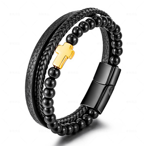 Pulsera de cuero tejida multicapa de acero inoxidable para hombre, pulsera de ágata de ojo de tigre Natural a la moda, cadena de moda - Product Image 2