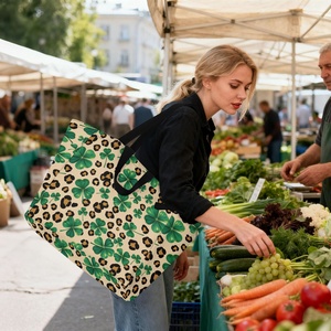 Bolsa de Compras Reutilizable con Diseño de Leopardo, Bolsa de Mano con Estampado Personalizado de Hojas de Trébol, Bolsa de Compras Plegable Grande de Lona - Product Image 6