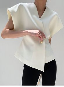 Chaleco Blazer con Cuello en V y Cintura Ajustada Estilo Francés <span class=keywords><strong>para</strong></span> Mujer, Top Sin Mangas Asimétrico con un Solo <span class=keywords><strong>Botón</strong></span> Dorado Texturizado - Product Image 4