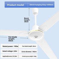 Ventilateur de plafond industriel 56 pouces 100W, à pales en fer, pour salon domestique, dortoir, ventilateur électrique suspendu puissant