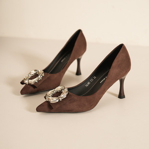 Brown <b>Suede</b> Solid Fashion Trend Pumps Pointed Toe Stiletto <b>Heel</b> Crystal Decoration Office Shoes Size 36 - Product Image 1