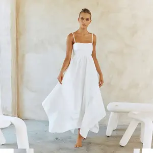 Thời trang thanh lịch phụ nữ không đối xứng hemline giản dị Dresses phụ nữ cotton trắng Loose Midi Dress cho trang phục hàng ngày