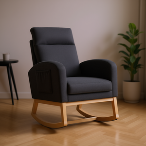 เก้าอี้โยกพนักพิงสูงทันสมัย ขาไม้เนื้อแข็ง หุ้มเบาะสีเทาเข้ม เก้าอี้นั่งเล่นในห้องนั่งเล่น นั่งสบาย - Product Image 2