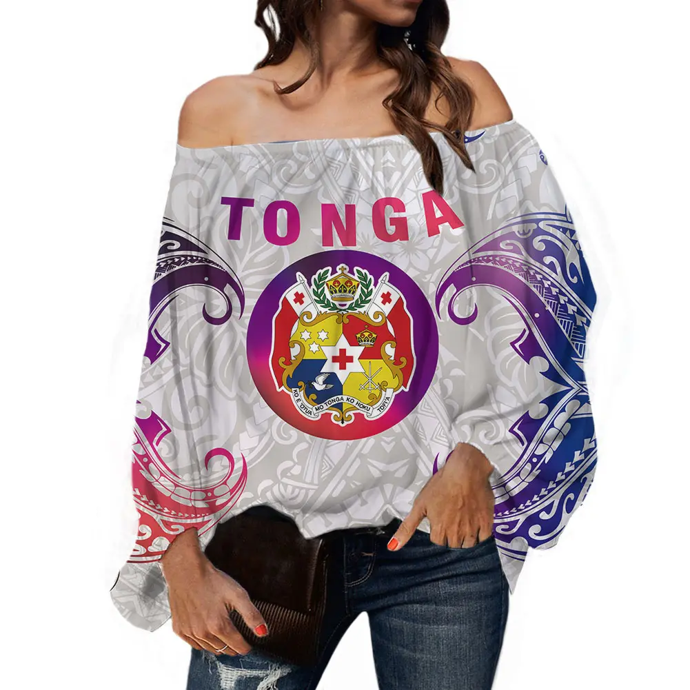 टोंगा पोलेनीशियाई बैंगनी आदिवासी लहर डिजाइन महिलाओं टी शर्ट पॉलिएस्टर बंद कंधे में सबसे ऊपर आकस्मिक ढीला ब्लाउज शर्ट लालटेन आस्तीन