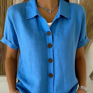 Camisa de Manga Corta para Mujer, Estilo Casual y Cómodo, de Lino y Algodón con Botones, Nueva Colección Verano 2026 Europea y Americana - Product Image 1