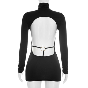 Viviblook D26DS232 Nouvelle Robe Femme Manches Longues Col Semi-Montant Irrégulière Grande Découpe Dos Nu Sexy Mini Robe Moulante Pour Femmes - Product Image 1