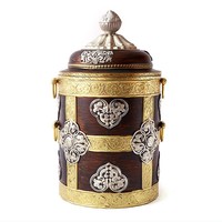 Boîte à tsampa en métal avec huit symboles tibétains porte-bonheur, pot de rangement, conteneur à riz vintage de style tibétain pour salon, ornement