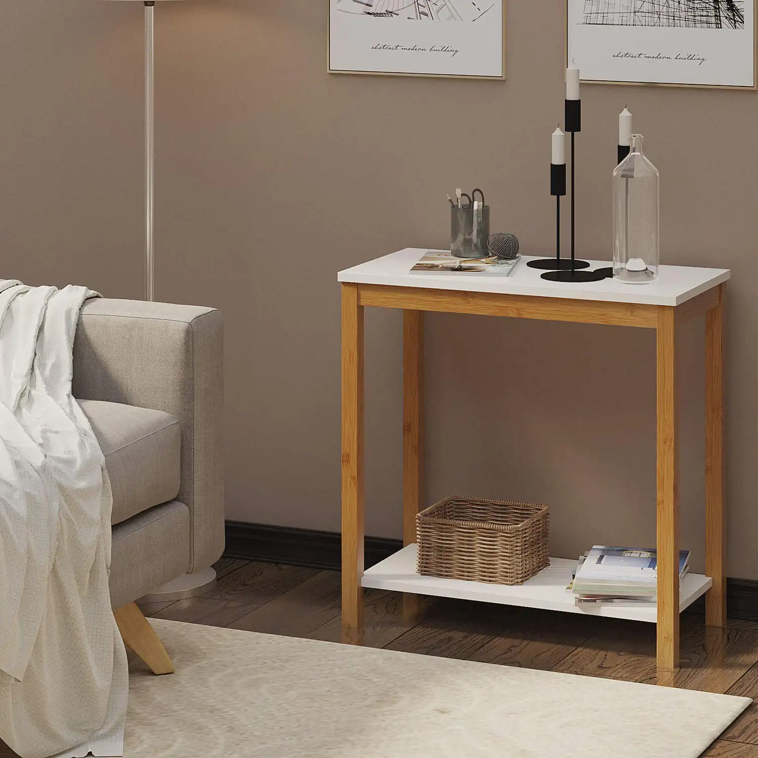 European-Style White Adjustable Portable Soda Side Table Modern Sofa Desk for Living Room Simple Bamboo Furniture