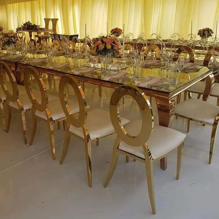 Latest Mirror glass MDF top decor hotel banquet tables and chairs set of event for wedding furniture