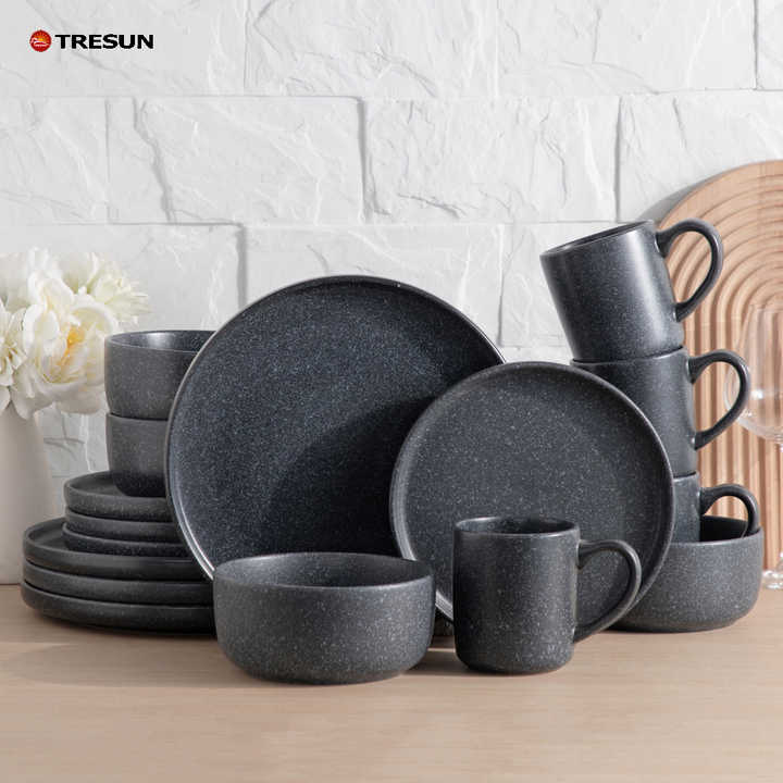 Geschirr-set 16-teilig,Stein Schwarz Grau,Nordisches Tafelgeschirr,Speiseteller-sets Aus Keramik-steingut