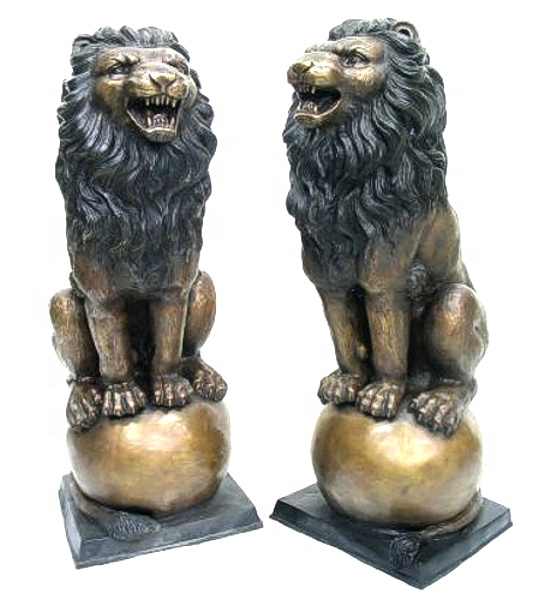 Garden Two Metal Bronze Lions Sculpture Brass Lion and Ball