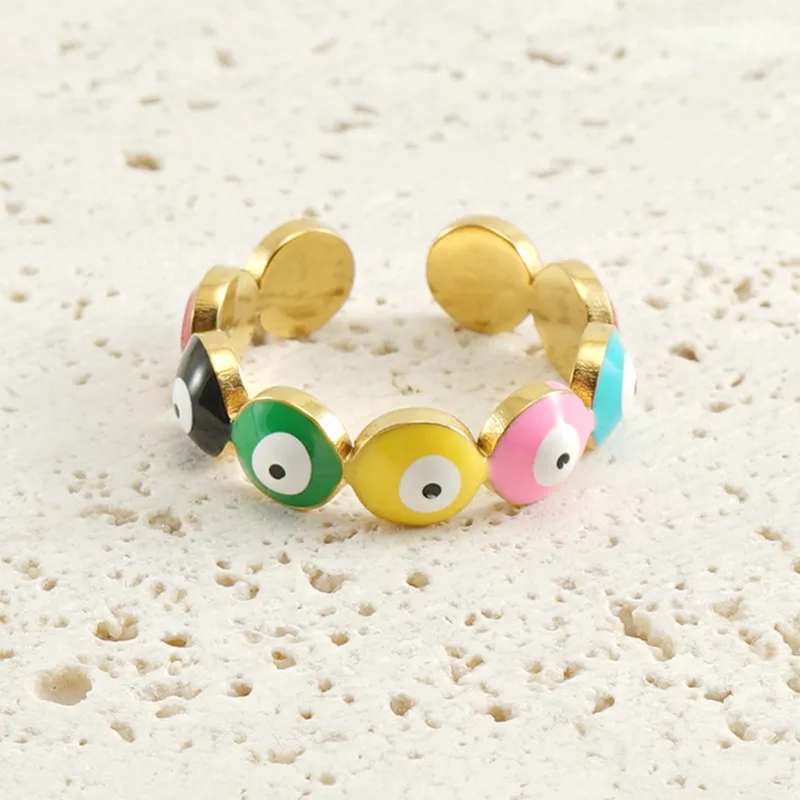 Fashion women whole sale stainless steel ring evil eyes turkish Multicolor ring 18k gold plated rainbow ring boys