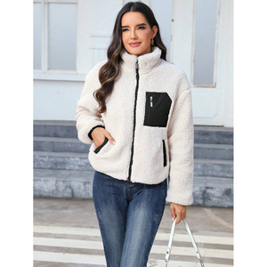 Vêtements d'automne et d'hiver pour femmes, veste en polaire épaisse avec col montant, fermeture éclair, sherpa, décontractée, polyvalente, hauts - Product Image 5