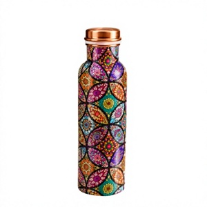 Bouteille d'eau en cuivre pur, design mosaïque mandala, artisanale, gourde en cuivre rustique, design imprimé coloré artisanal - Product Image 1