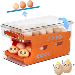 Organizador de huevos de nevera apilable, contenedor enrollable automático de doble pista de gran capacidad para huevos