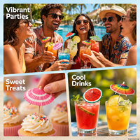 Parasols en papier pas chers pour garnitures de cocktails, idéaux pour les cafés, bars, présentations de boissons, plateaux de fruits et salades, et buffets de fruits de mer et plats froids.