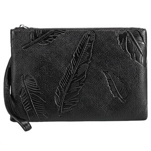 Black Leather Clutch with Embossed Feather Design <b>Zip</b> Around <b>Wallet</b> - Product Image 1