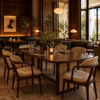 Table de salle à manger pour restaurant, café, hôtel, plateau en bois foncé avec base en panneaux tissés et support stable en barre transversale