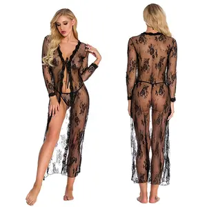 Cộng Với Kích Thước Đồ Lót Set Phụ Nữ Lingerie Sâu V Cổ Ngủ Khỏa Thân Babydoll Lưới Dài Tay Áo Ren Robe Phụ Nữ Béo Đồ Lót Sexy