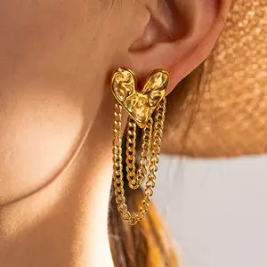 G2322 Wholesale 18K Gold Plated Stainless Steel Dainty Hammer Heart Shape Lava Irregular long Tassel Stud Jewelry Earrings