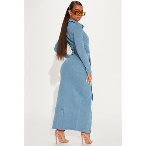 Women's Shirt Style Single <b>Breasted</b> Lace up Midi Denim Long Dress - Product Image 6