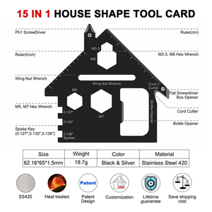 Card Multiuso a Forma di Casa con Logo Personalizzato, 15 in 1, in Acciaio Inossidabile, per Regali Aziendali, EDC, Sopravvivenza, Strumento Inciso - Product Image 2