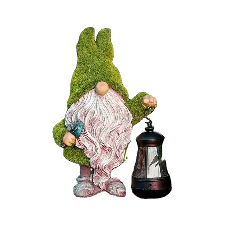 Resin Garden Gnome Statue Holding Solar Light Moss On Hat; Garden Statue Mold Gnome Resin For Patio Decoration