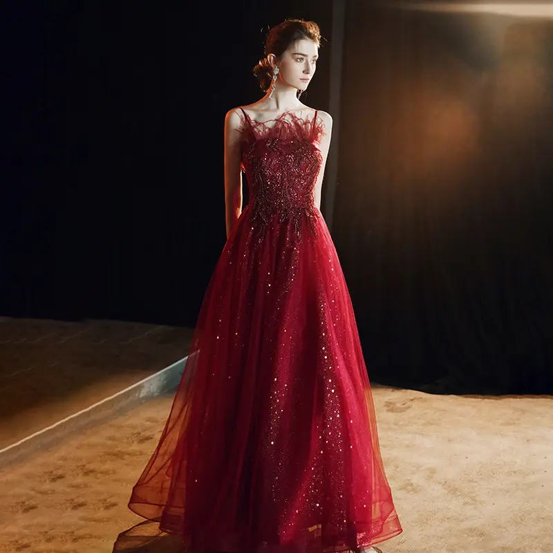 2021 Prom Dresses Exquisite Bridesmaid Long Dress Elegant Evening Party Red Feather Wedding dress