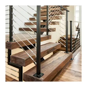 Stringer L şekilli düz merdiven tasarım cam ahşap merdiven kapalı Mono Stringer merdiven