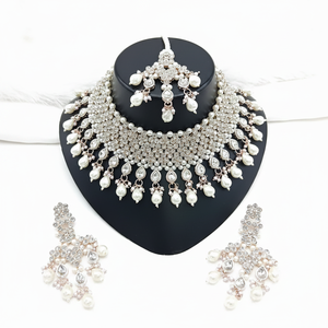Parure de bijoux ethniques en laiton plaqué platine et zircon, collier ras-du-cou et boucles d'oreilles pendantes, cadeau de mariage de haute qualité - Product Image 2