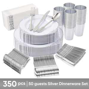 Ensemble de vaisselle jetable en PET de 350 pièces, kit complet de vaisselle, assiettes, gobelets, couverts, serviettes, sans BPA, écologique, micro-ondable, pour les fêtes - Product Image 1
