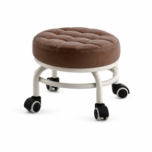 Luxury Tufted Brown Leather Salon <b>Stool</b> Low Rolling Stylist Chair with White Metal Frame and Caster Wheels Barbershop Seating - Product Image 3