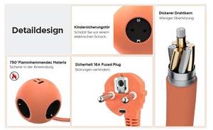 European Standard 3-Outlet Power Extension Board with PD 25W <b>USB</b> Fast Charging Surge 16A Current - Product Image 5