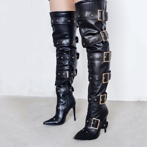 Belt Buckles Women Knee High Boots Metal Slim Heeled Denim Long Booties Sexy Punk Apricot Stiletto Dress <b>Shoes</b> - Product Image 1