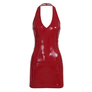 Vestido de cuero ajustado con escote profundo en V para mujer, estilo discoteca, pura seducción, falda corta ajustada a la cadera - Product Image 6