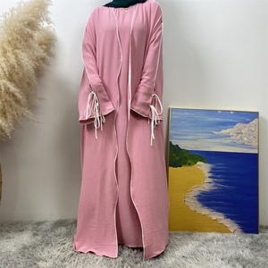 1446+6595#B 2 PCS New Popular <b>Set</b> Crepe Split Lace up Sleeves White Line Abaya Match Loose Sleeveless Inner Dress Abaya Dress - Product Image 3