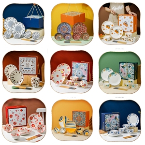 طقم أدوات مائدة سيراميك لـ 4 أشخاص قابل للاستخدام في الميكروويف، يتضمن 4 أوعية، 2 طبق، 8 عيدان طعام، في علبة هدايا سيراميك، هدية مثالية للعائلة والعطلات - Product Image 1