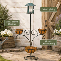 Support de pot de fleurs solaire à 3 paniers avec cadre en fer courbé, finition thermolaquée, paniers en fibre de coco, décoration de jardin, patio, cour