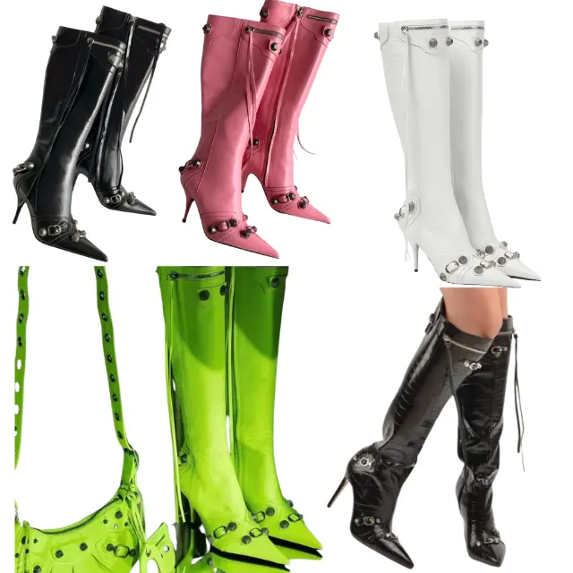 Fashion Design Boots Shoes Pointy Toe Rivets Buckle Knee High Boots High Heel For Women Zip Custom Shoes Size 43