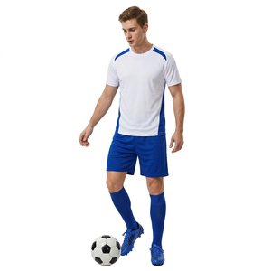 <b>Men's</b> White Blue Solid Breathable Anti-Bacterial Soccer Jersey Full Sleeve Crew Neck Moisture Wicking Polyester Customizable - Product Image 1