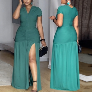 J1587 Abito Estivo Trendy da Donna, Vestito Lungo Casual con Scollo a V, Maniche Corte e Spacco, per Boutique di Abbigliamento Femminile - Product Image 1