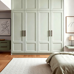 Armoire en bois massif vert éclectique mat minimaliste personnalisable, meubles de chambre à coucher écologiques du sol au plafond, rangement durable - Product Image 5