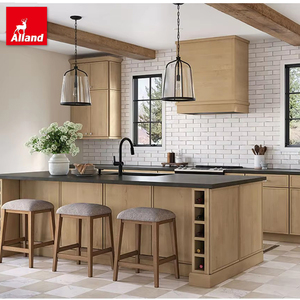 AllandCabinet Armoire de cuisine moderne en érable teinté avec îlot de comptoir en pierre de quartz <span class=keywords><strong>noir</strong></span> et portes à panneau mince Shaker - Product Image 1