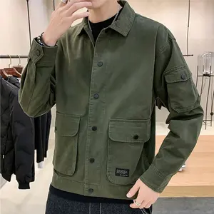 Chaqueta Bomber de Otoño para Hombre de Color <span class=keywords><strong>S</strong></span>ólido con Botonadura Sencilla Ropa de Abrigo Casual Estilo Harajuku Streetwear con Cuello Vuelto y Bolsillos Cargo - Product Image 4