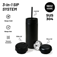 Tasse isotherme en acier inoxydable 450 ml, très bien notée, avec 3 couvercles, double paroi, portable, anti-fuite, pour les voyages, le bureau, le camping