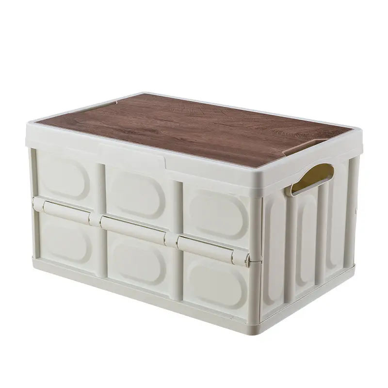 Pretty Foldable Plastic Storage Box Collapsible Camping Storage Bin Boxes With Wood Lids