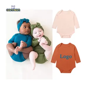 Conyson Wholesale High Quality Custom Logo Summer Long Sleeves Newborn Solid Bamboo One Piece Casual Toddler Infant Baby Rompers