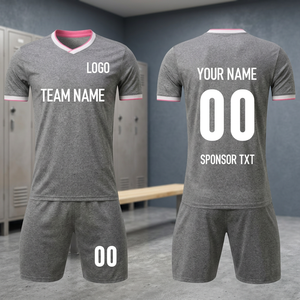 Ensemble de maillots de football gris personnalisables, col en V, manches courtes, polyester respirant, unisexe, adulte, nom et numéro de l'équipe, impression sublimée - Product Image 2